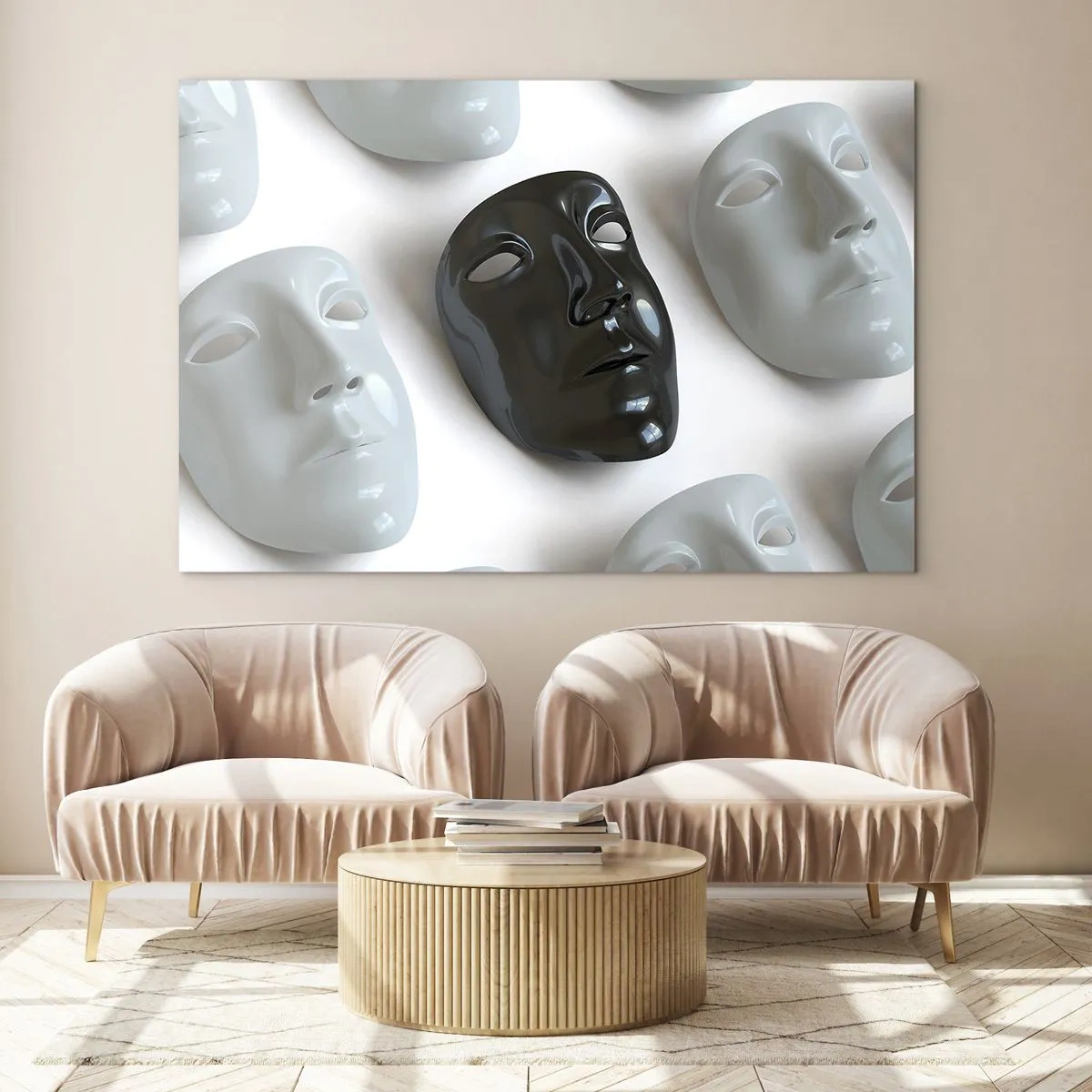 Glass picture - A black and white mask against a background of white masks on a light background - 70x50cm - How to Stand Out? - Modern wall decoration for the living room and bedroom ARTTOR