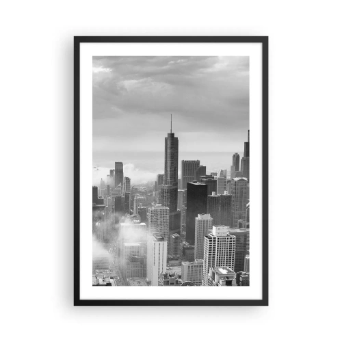 Poster in black frame - Black and white view of the city skyline with skyscrapers in the clouds - 50x70cm - American Landscape - Modern wall decoration for the living room and bedroom ARTTOR