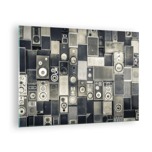 Glass picture - composition of retro speakers in shades of gray - 70x50cm - And Music Is Playing - Modern wall decoration for the living room and bedroom ARTTOR