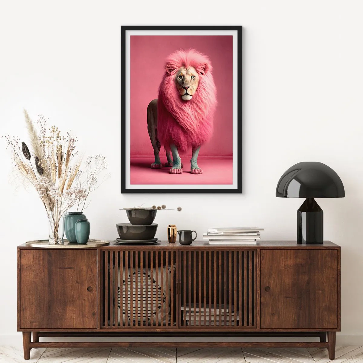 Poster in black frame - A lion with a pink mane on a pink background - 50x70cm - And You're Not Scared Anymore - Modern wall decoration for the living room and bedroom ARTTOR