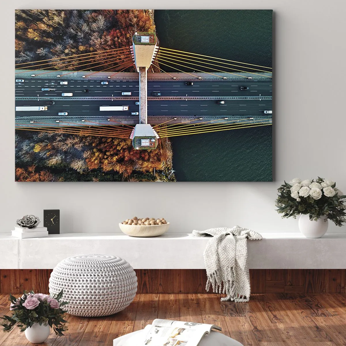 Canvas picture - Aerial view of the bridge over the river and the autumn landscape - 70x50cm - Behind Seas and Oceans - Modern wall decoration for the living room and bedroom ARTTOR