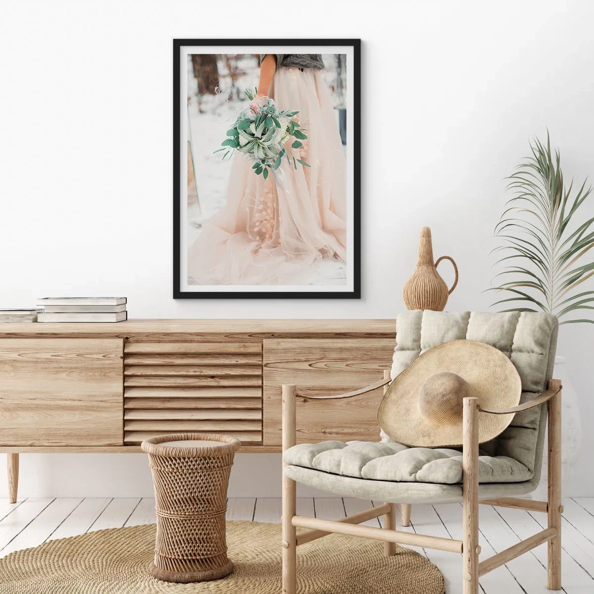 Poster in black frame - A bride in a beige dress holding a bouquet in the snow - 50x70cm - And They Lived Long and Happily - Modern wall decoration for the living room and bedroom ARTTOR
