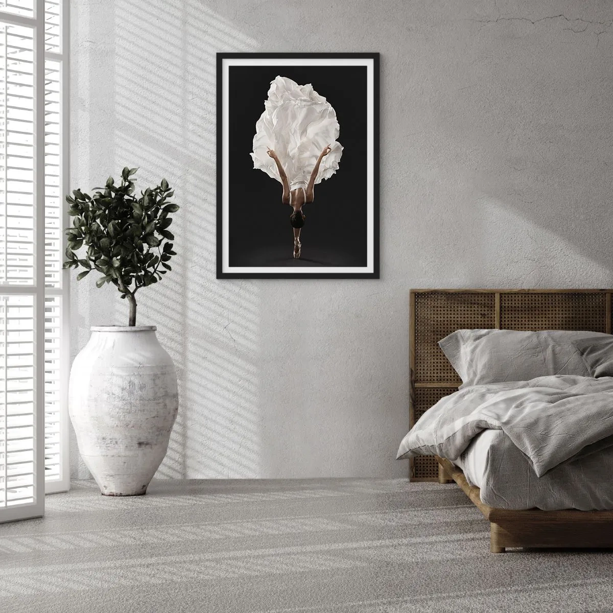 Poster in black frame - dancer in a white dress floating in the air against a black background - 50x70cm - Amazing Waist - Modern wall decoration for the living room and bedroom ARTTOR