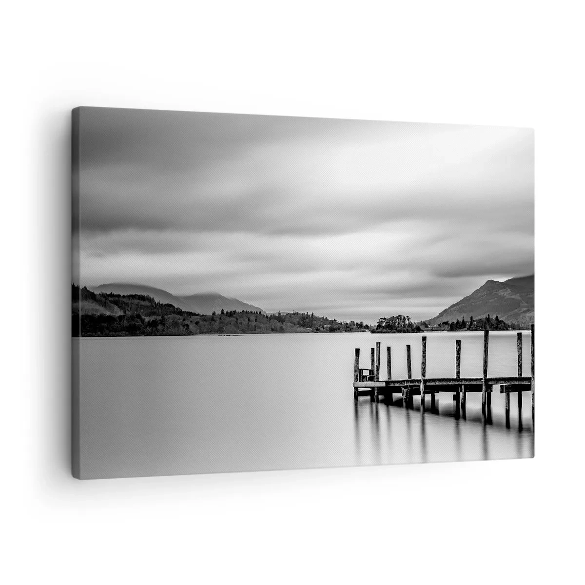 Canvas picture - Black and white landscape with a pier over a lake - 70x50cm - Tranquility and Power - Modern wall decoration for the living room and bedroom ARTTOR