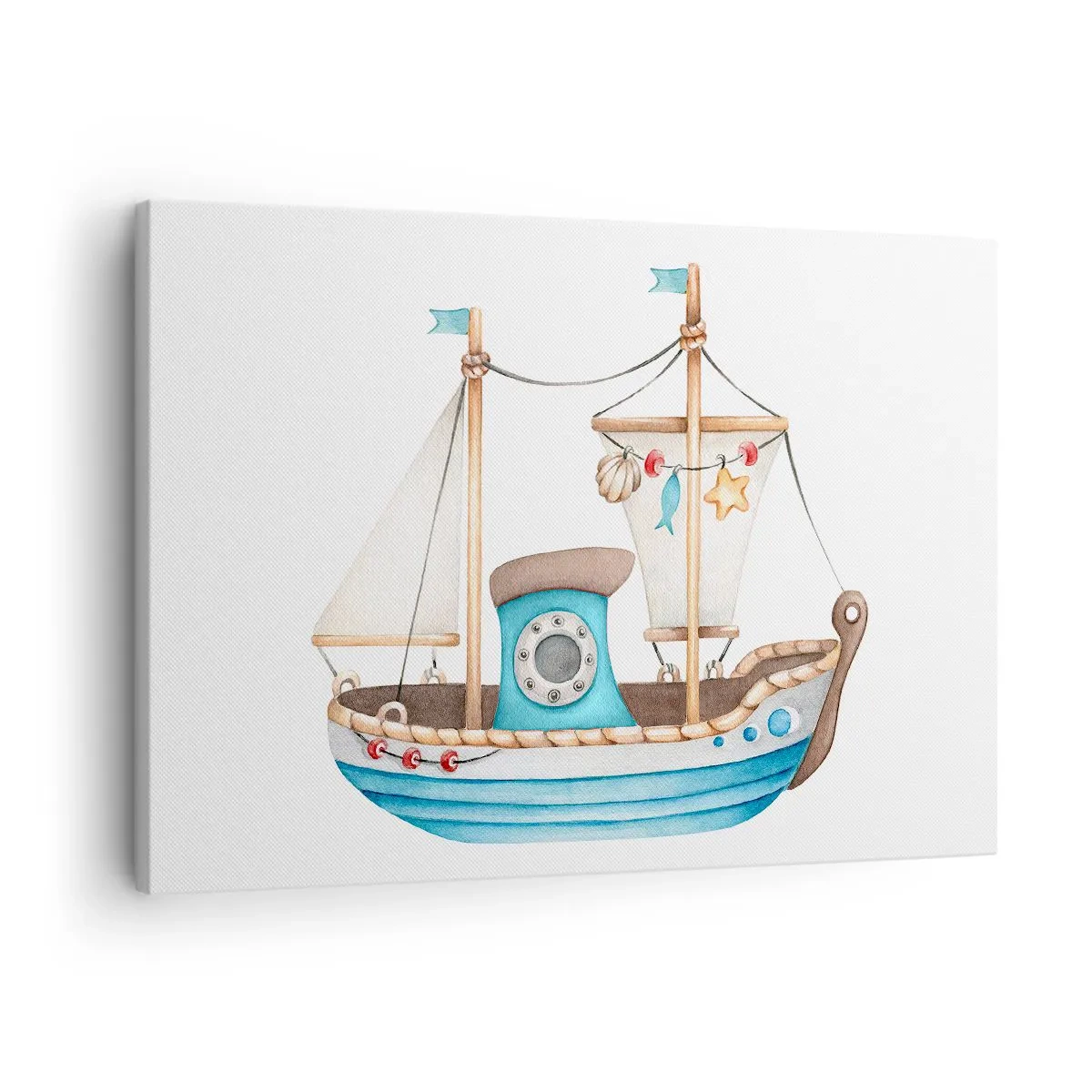 Canvas picture - Illustration of a ship in pastel colors on a white background - 70x50cm - Ahoy, Adventure! - Modern wall decoration for the living room and bedroom ARTTOR
