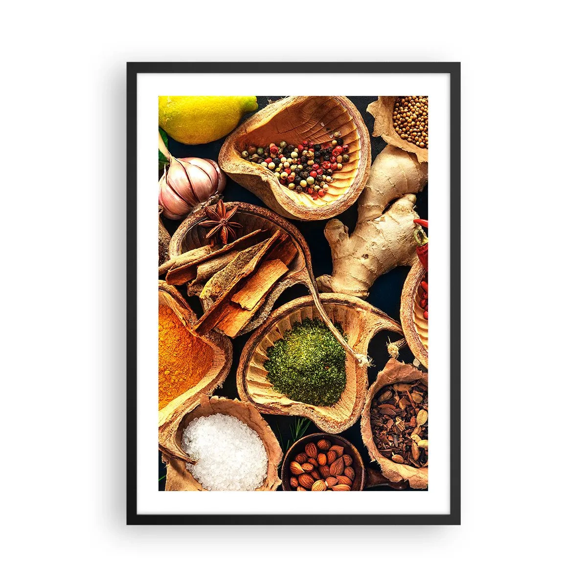 Poster in black frame - Close-up of spices in natural containers - 50x70cm - Take What You Want - Modern wall decoration for the living room and bedroom ARTTOR