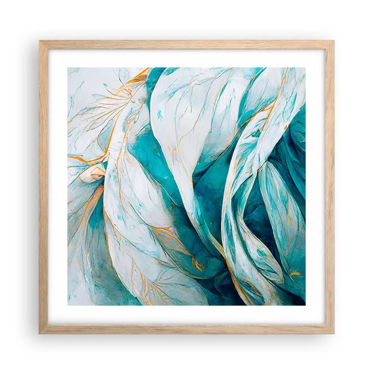 Poster in light oak frame - Blue Abstract with a Golden Motif - 50x50 cm