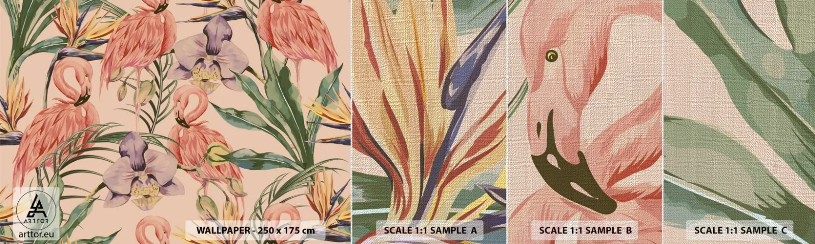 Photo Wallpaper Sample Premium Canvas - Pink Ballet among Flowers - Bird, Flamingo, Jungle - 100x30 cm