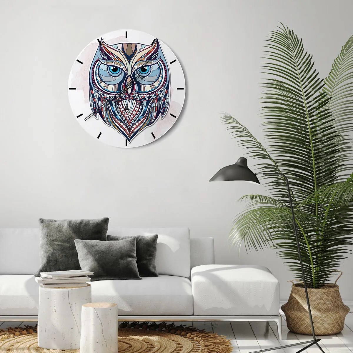 Wall clock - Clock on glass - Ornamental Owl - 30x30 cm