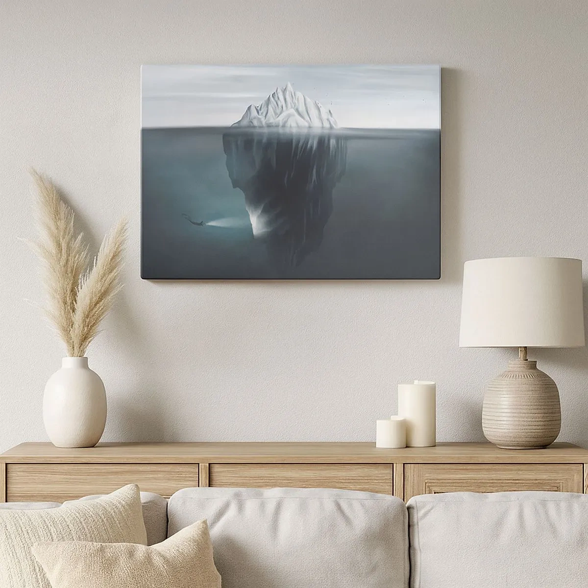 Canvas picture - An iceberg in the water with a diver and a searchlight beneath the surface. - 70x50cm - Underwater Secret - Modern wall decoration for the living room and bedroom ARTTOR