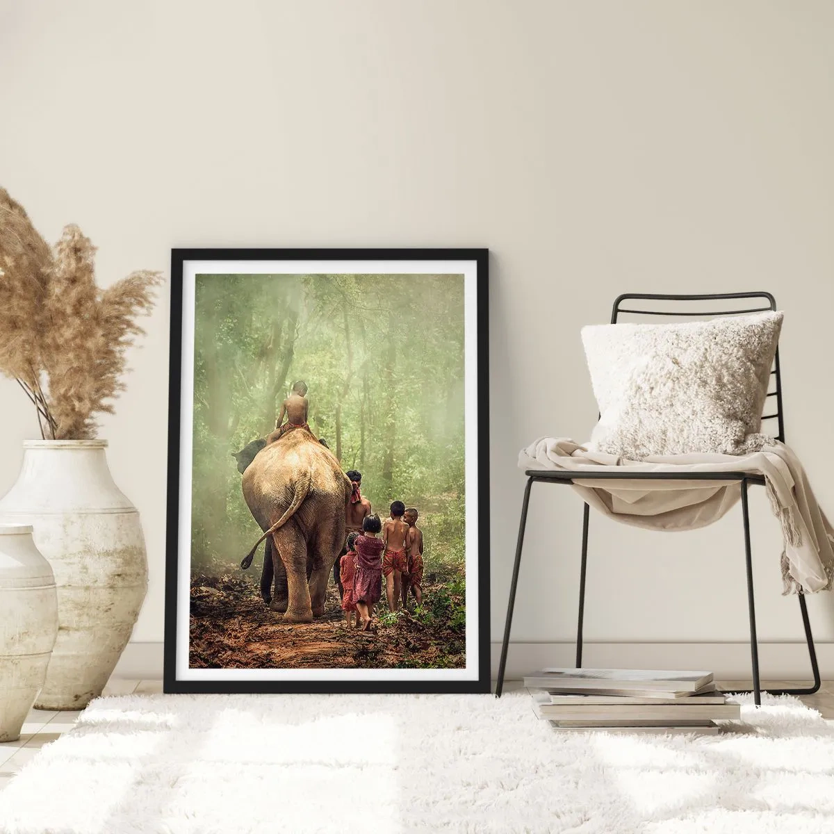 Poster in black frame - Children and an elephant in the rainforest - 50x70cm - New Jungle Book - Modern wall decoration for the living room and bedroom ARTTOR