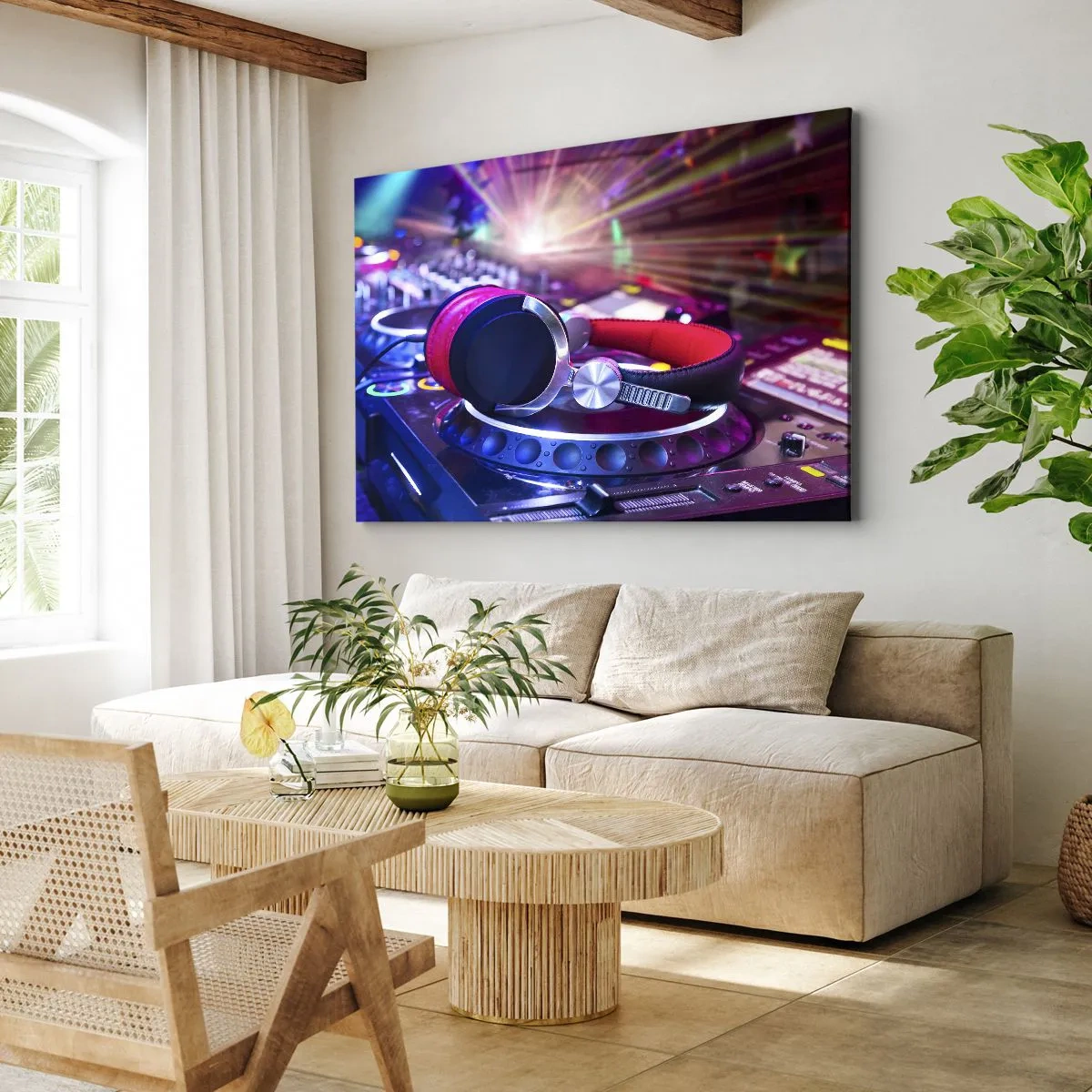 Canvas picture - DJ headphones on a console illuminated by spotlights at a party - 70x50cm - Get on the Floor - Modern wall decoration for the living room and bedroom ARTTOR