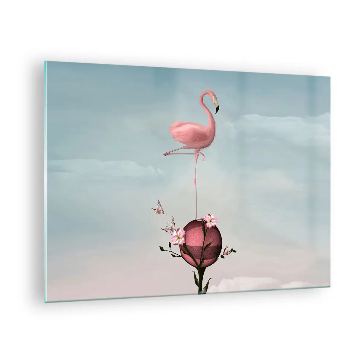 Glass picture - A pink flamingo standing on a decorative ball with flowers and butterflies. - 70x50cm - Allegory of a Basketball - Modern wall decoration for the living room and bedroom ARTTOR