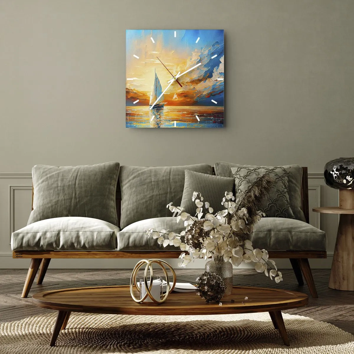 Wall clock - Clock on glass - Sailing in Gold - 30x30 cm