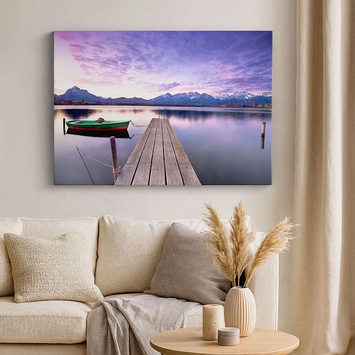 Canvas picture - A wooden pier with a boat on a lake surrounded by mountains at sunset - 70x50cm - Friendly Silence - Modern wall decoration for the living room and bedroom ARTTOR