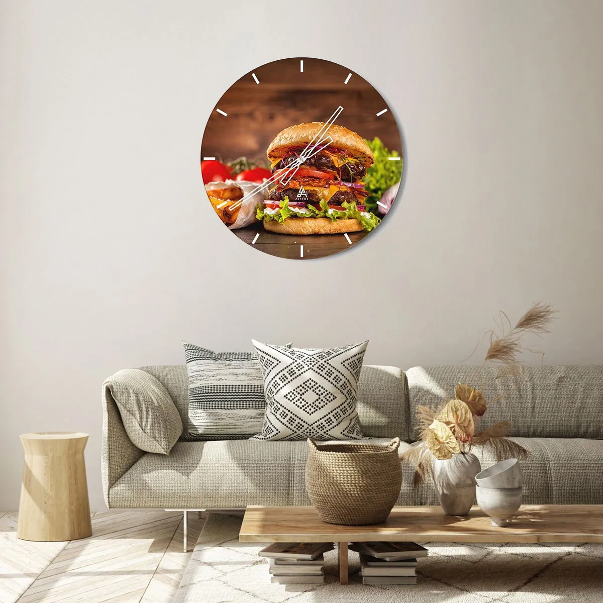 Wall clock - Clock on glass - Juicy burger with toppings on a wooden background - 30x30cm - Forbidden Fruit - Modern wall decoration for the living room, kitchen, and bedroom ARTTOR