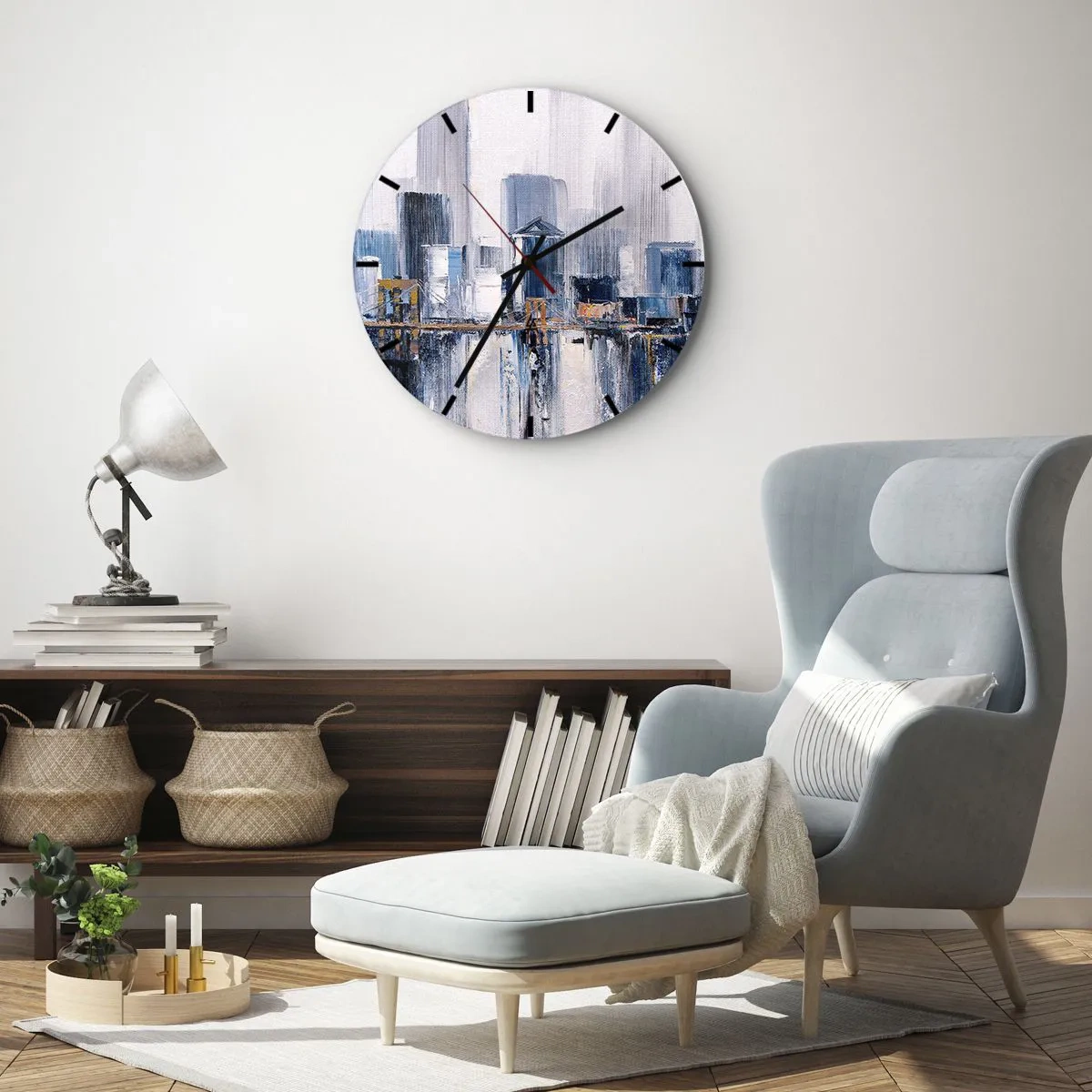 Wall clock - Clock on glass - Impressionistic panorama of the city with skyscrapers and a bridge - 30x30cm - New York Impression - Modern wall decoration for the living room, kitchen, and bedroom ARTTOR