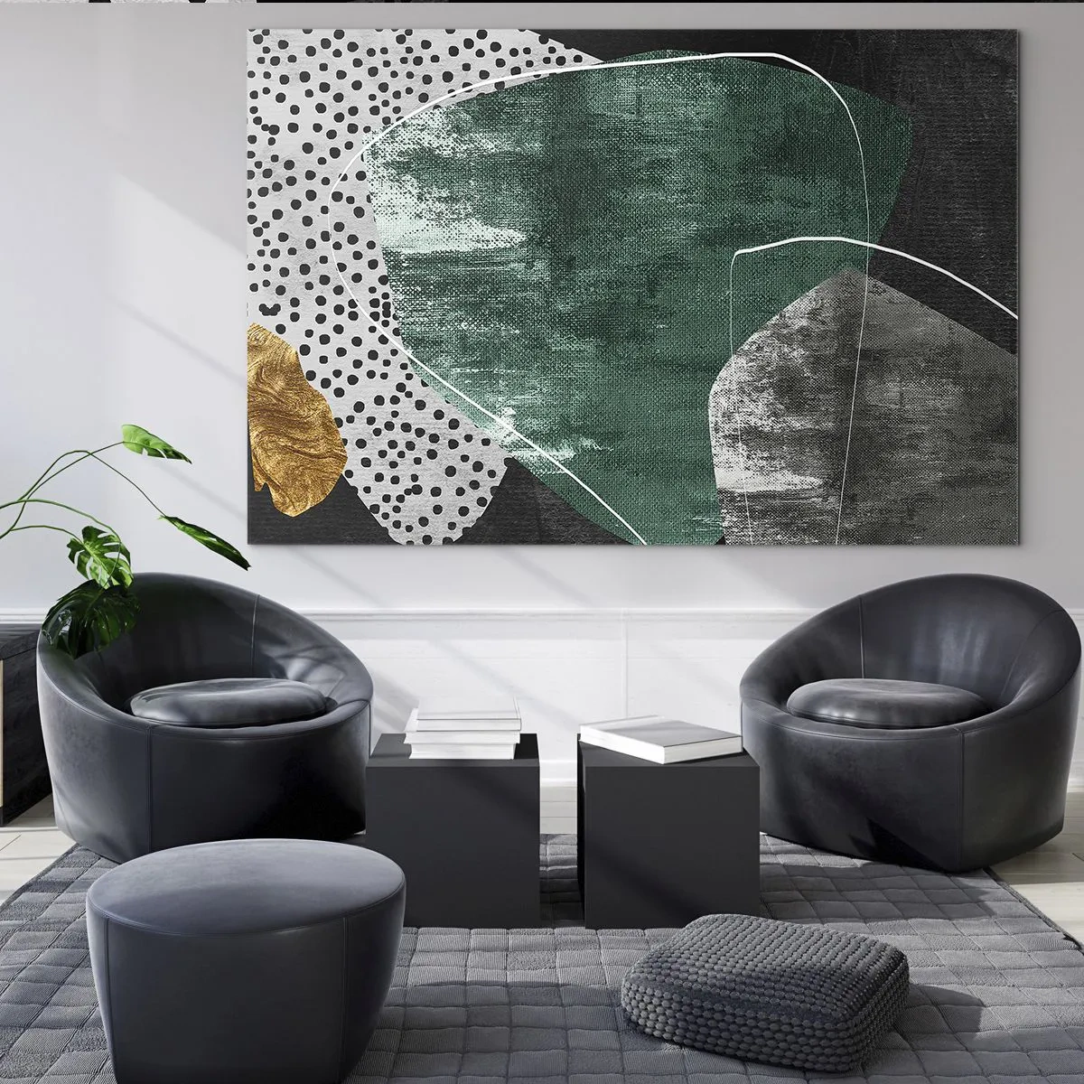 Glass picture - Green forms with a black background and a gold accent - 70x50cm - Colourful Abstract with a Golden Petal - Modern wall decoration for the living room and bedroom ARTTOR