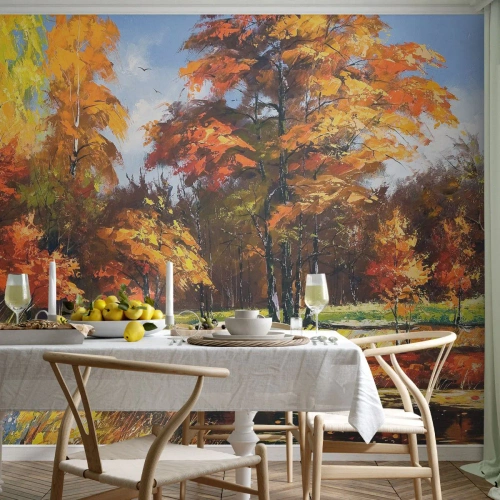 Photo Wallpaper Premium Canvas - Landscape in Gold and Brown - Landscape, Forest, Impressionism - 350x256 cm