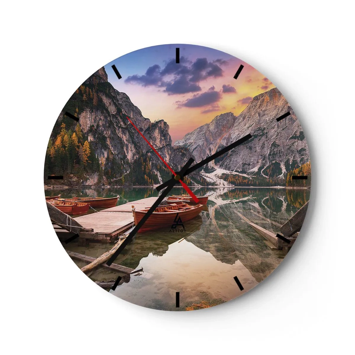 Wall clock - Clock on glass - Wooden boats at the pier against the backdrop of mountains and a lake at dawn - 30x30cm - Promise of a Day - Modern wall decoration for the living room, kitchen, and bedroom ARTTOR