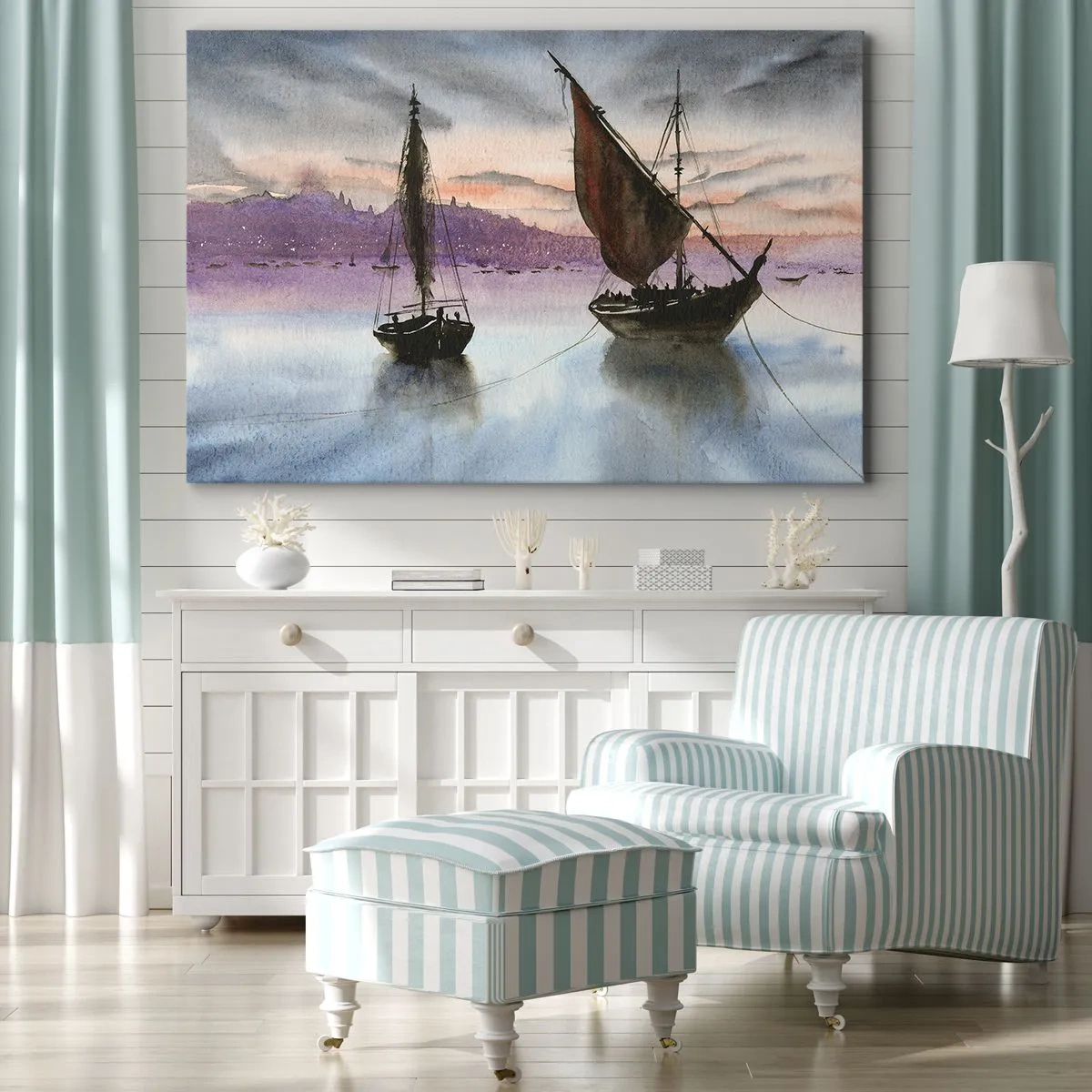 Canvas picture - Two sailing ships moored on calm water at dusk - 70x50cm - Evening at the Port - Modern wall decoration for the living room and bedroom ARTTOR