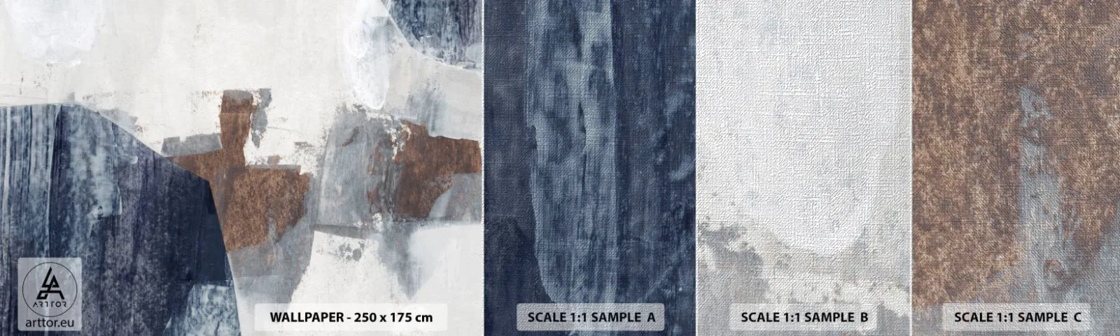 Photo Wallpaper Sample Premium Canvas - Blue and Brown Shapes - Piece, Abstraction, Minimalism - 100x30 cm