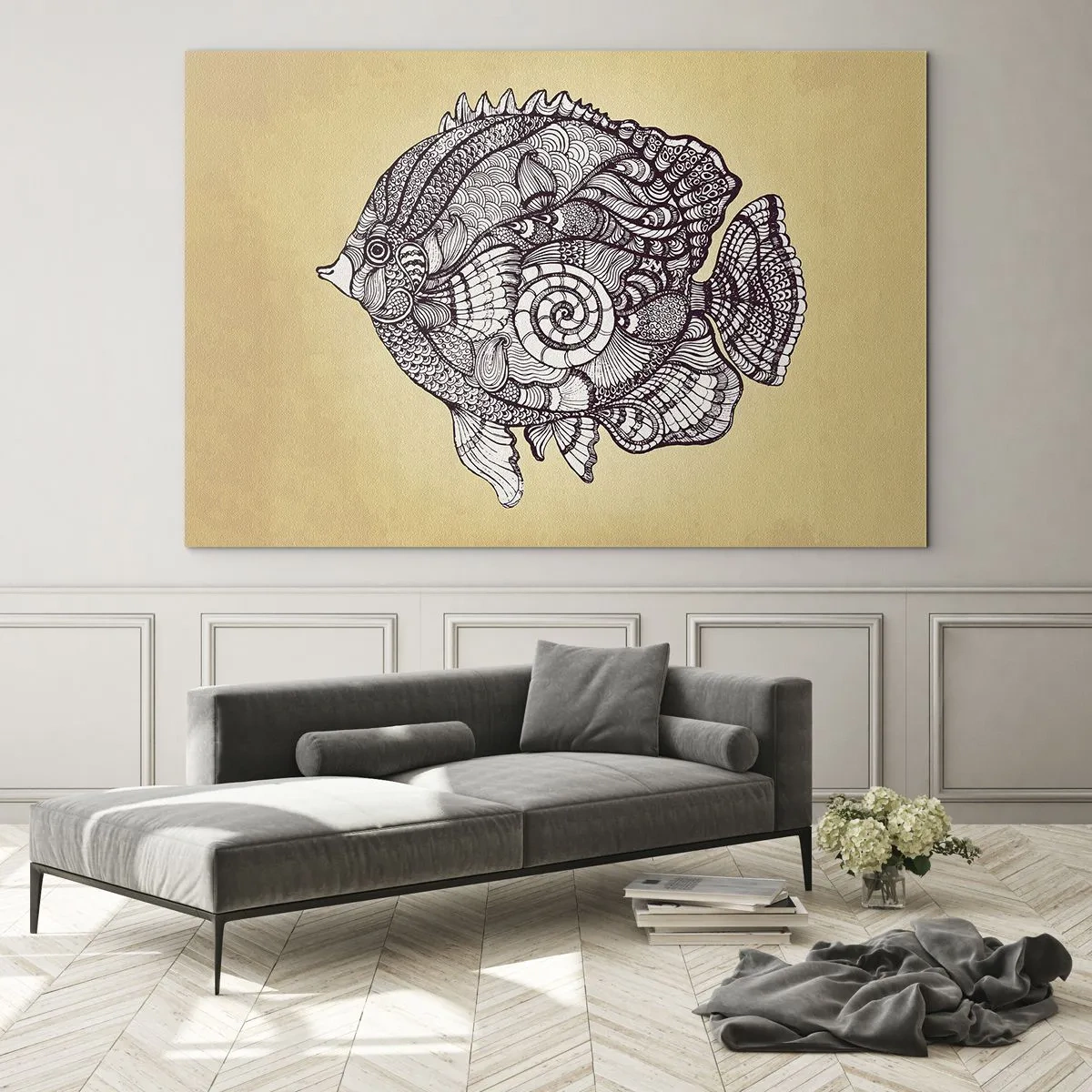 Glass picture - A cartoon fish with ornaments on a beige background - 70x50cm - From the Ocean of Ornaments - Modern wall decoration for the living room and bedroom ARTTOR