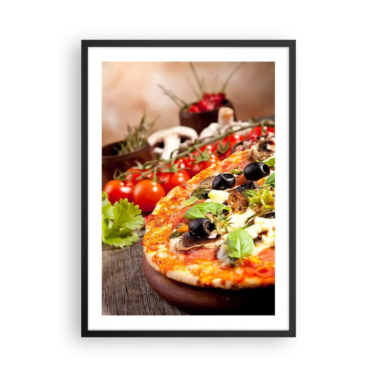 Poster in black frame - Pizza with olives and herbs with fresh ingredients - 50x70cm - Earthly Ingredients - Modern wall decoration for the living room and bedroom ARTTOR