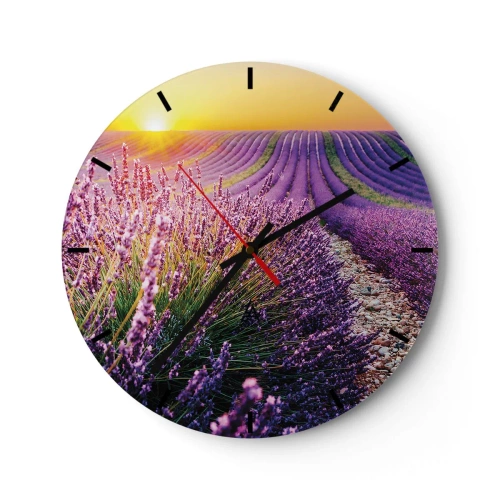 Wall clock - Clock on glass - Lavender field at sunset with a rocky path - 30x30cm - Fragrant Field - Modern wall decoration for the living room, kitchen, and bedroom ARTTOR