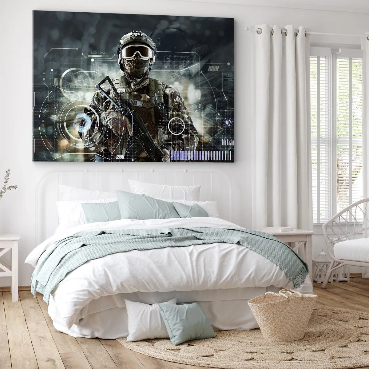 Canvas picture - A soldier in a futuristic helmet with a gun in the background of technology. - 70x50cm - Power Squared - Modern wall decoration for the living room and bedroom ARTTOR