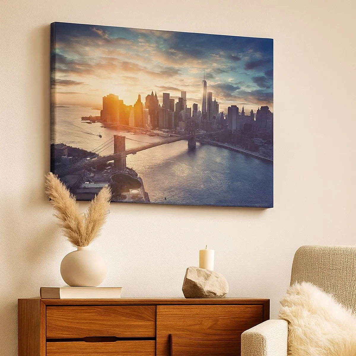 Canvas picture - Panorama of the city with the bridge and the river in the light of the setting sun - 70x50cm - Monument to the Culture of the West - Modern wall decoration for the living room and bedroom ARTTOR
