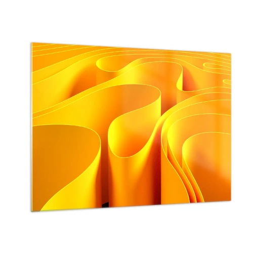 Glass picture - Abstract waves in shades of gold and orange - 70x50cm - Like Waves of the Sun - Modern wall decoration for the living room and bedroom ARTTOR