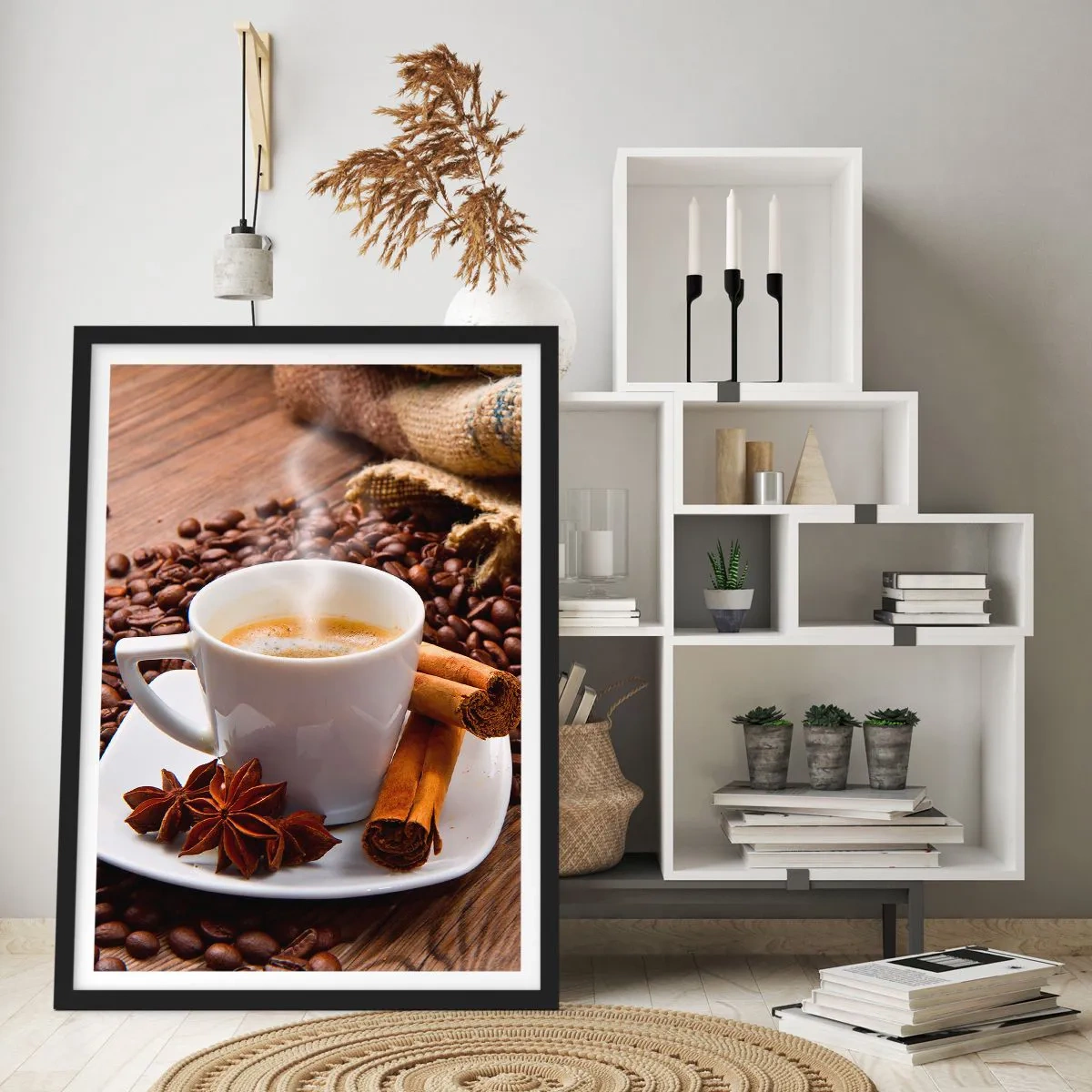 Poster in black frame - A cup of coffee with spices on a background of coffee beans - 50x70cm - Spicy Flavour and Aroma - Modern wall decoration for the living room and bedroom ARTTOR