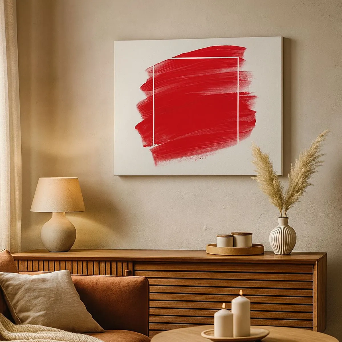 Canvas picture - Red brush stroke with white border - 70x50cm - Without a Frame - Modern wall decoration for the living room and bedroom ARTTOR
