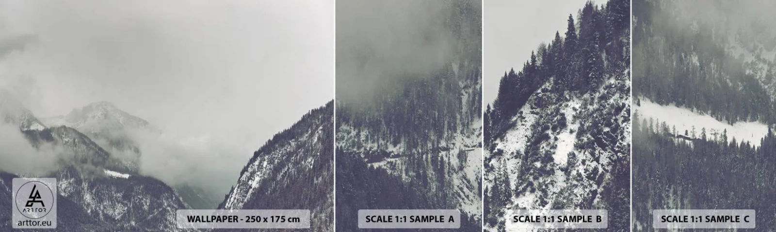 Photo Wallpaper Sample Self-Adhesive Deluxe Sticker - Foggy valley - Mountains, Forest, Landscape - 100x30 cm