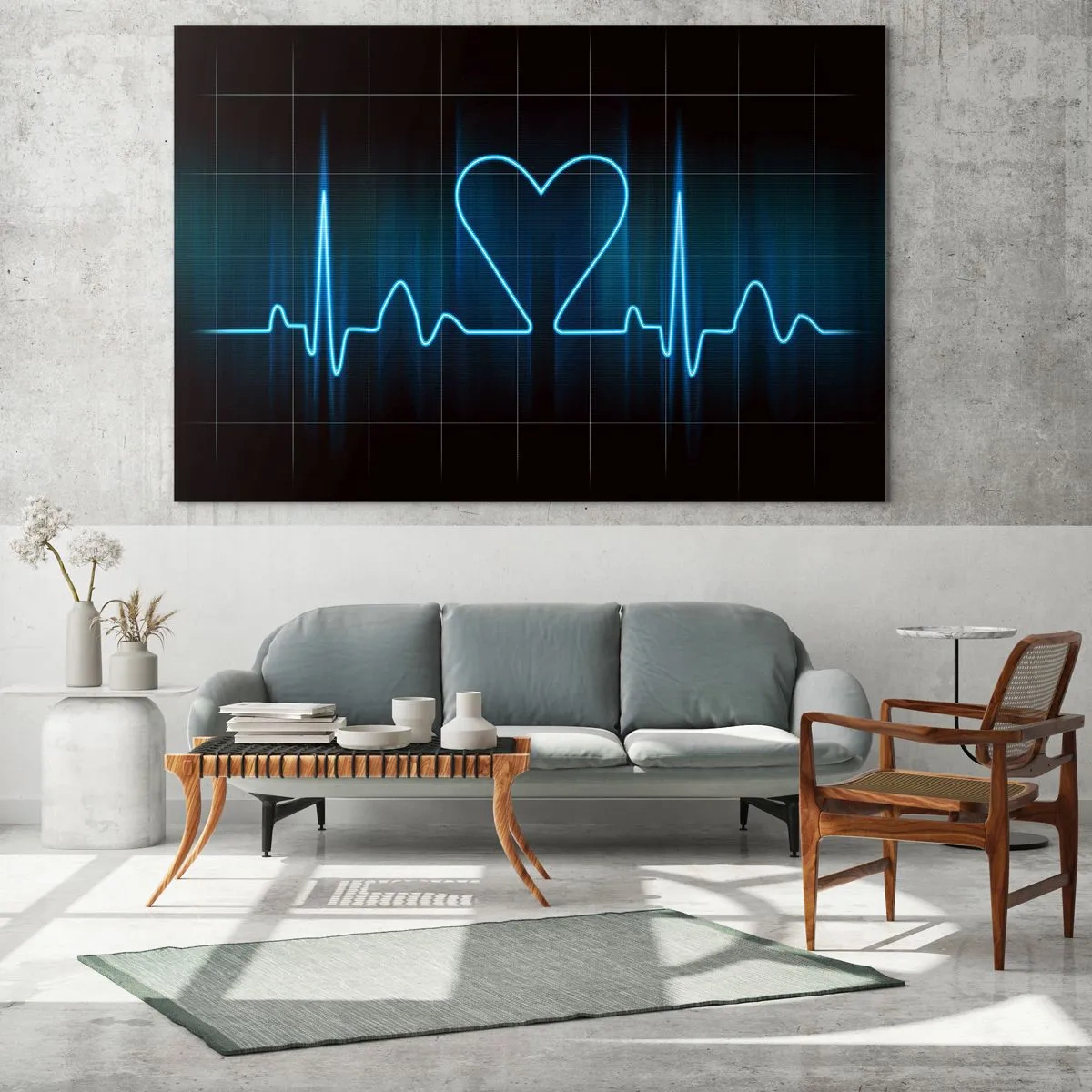 Glass picture - Lifeline with a heart on a dark background in blue light - 70x50cm - In a Heartbeat - Modern wall decoration for the living room and bedroom ARTTOR