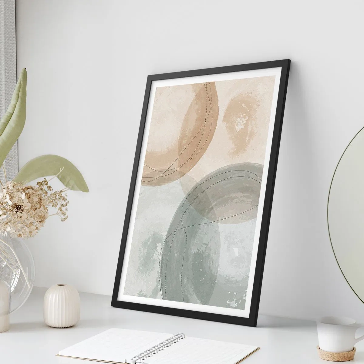 Poster in black frame - Geometric shapes in pastel earth tones - 50x70cm - Permeation of Worlds - Modern wall decoration for the living room and bedroom ARTTOR