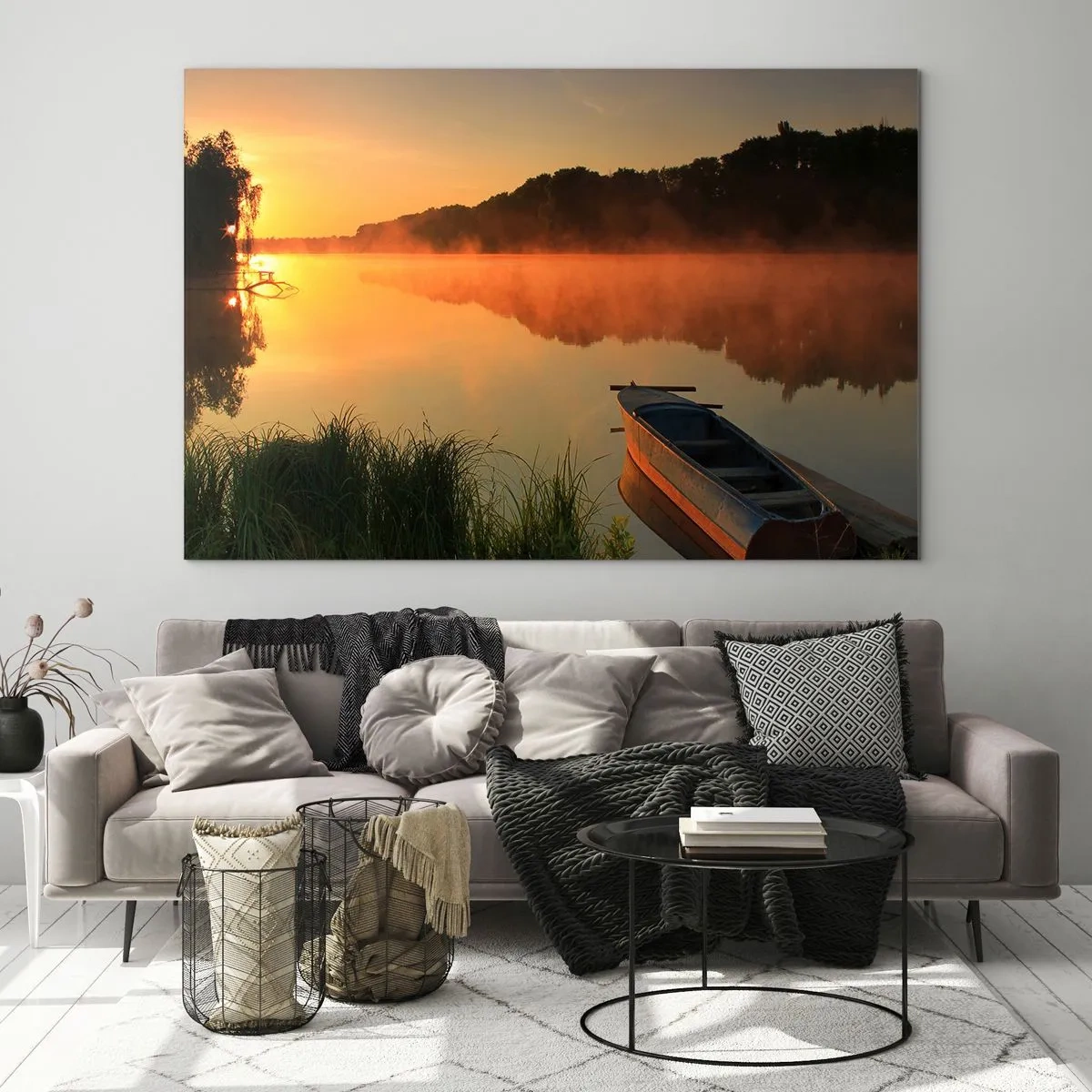 Glass picture - Sunrise over a calm lake with a boat at the shore - 70x50cm - Sunrise by a Mirror-like Water - Modern wall decoration for the living room and bedroom ARTTOR