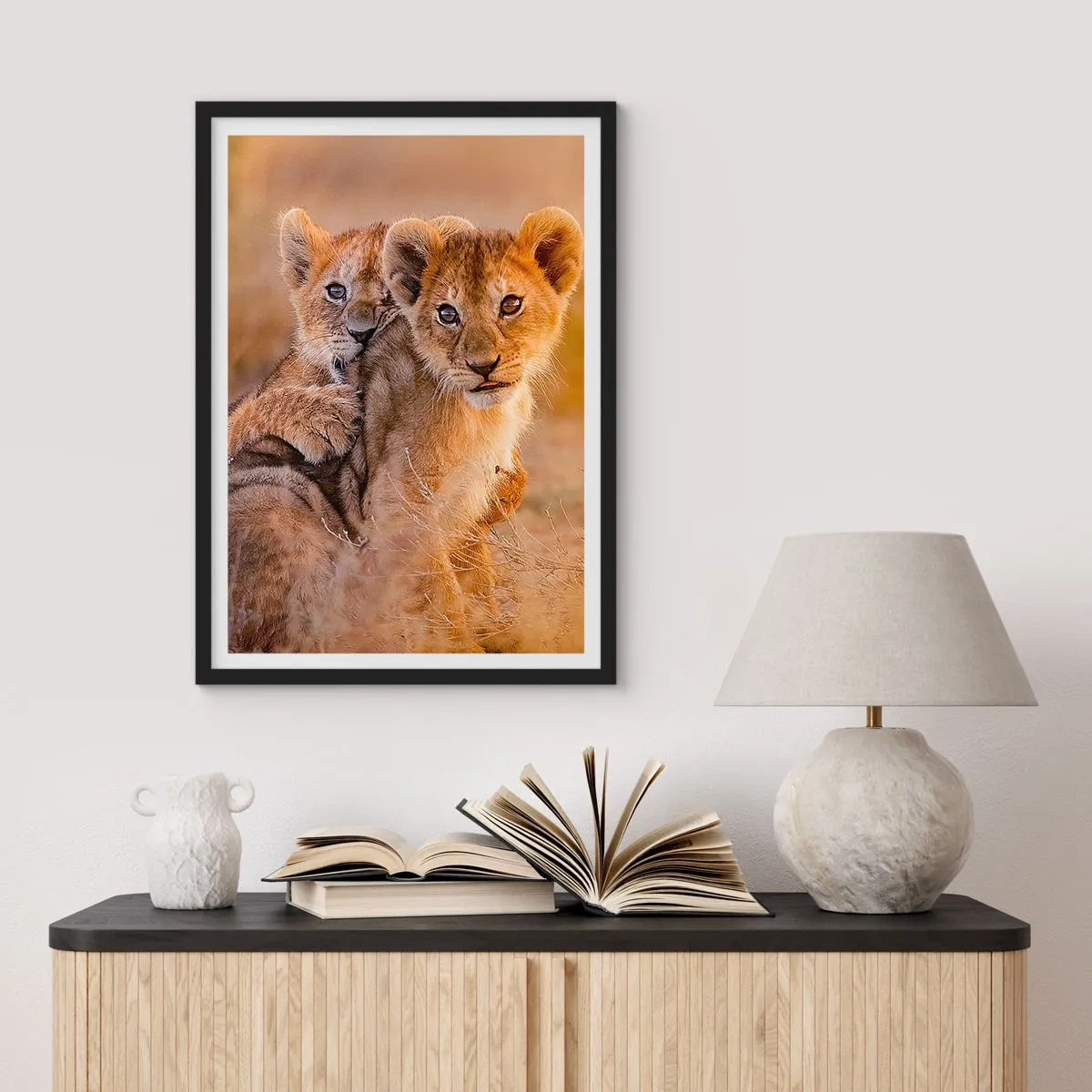 Poster in black frame - Lion cubs in the African savannah - 50x70cm - Do Not Disturb! We Are Playing - Modern wall decoration for the living room and bedroom ARTTOR