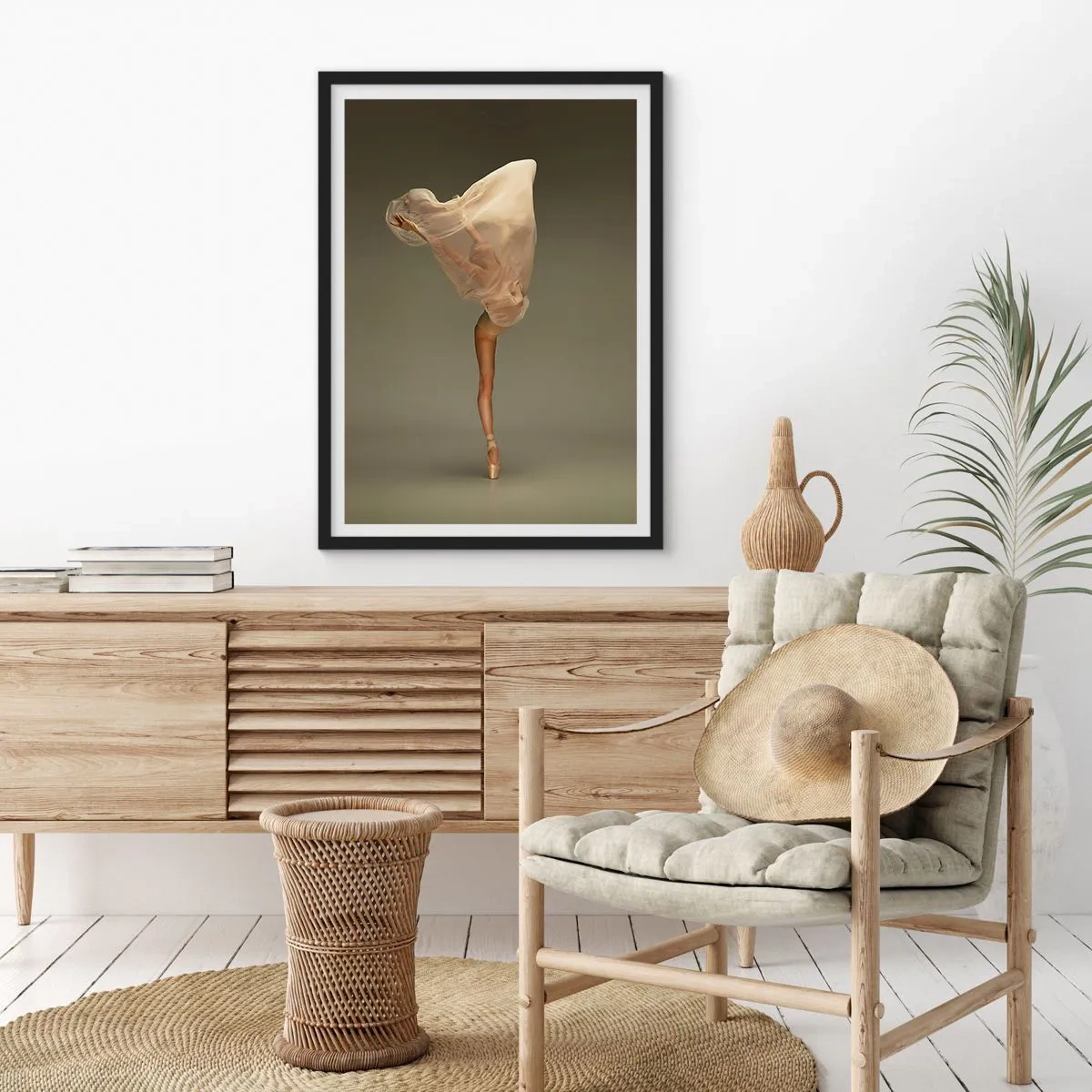 Poster in black frame - A ballerina dancing, surrounded by delicate fabric, in a subtle pose. - 50x70cm - About To Fly - Modern wall decoration for the living room and bedroom ARTTOR