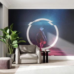 Photo Wallpaper Standard Eco - A character wearing a VR helmet in a futuristic circle of light - 100x70cm - Between Worlds - Modern wall decoration for the living room and bedroom ARTTOR