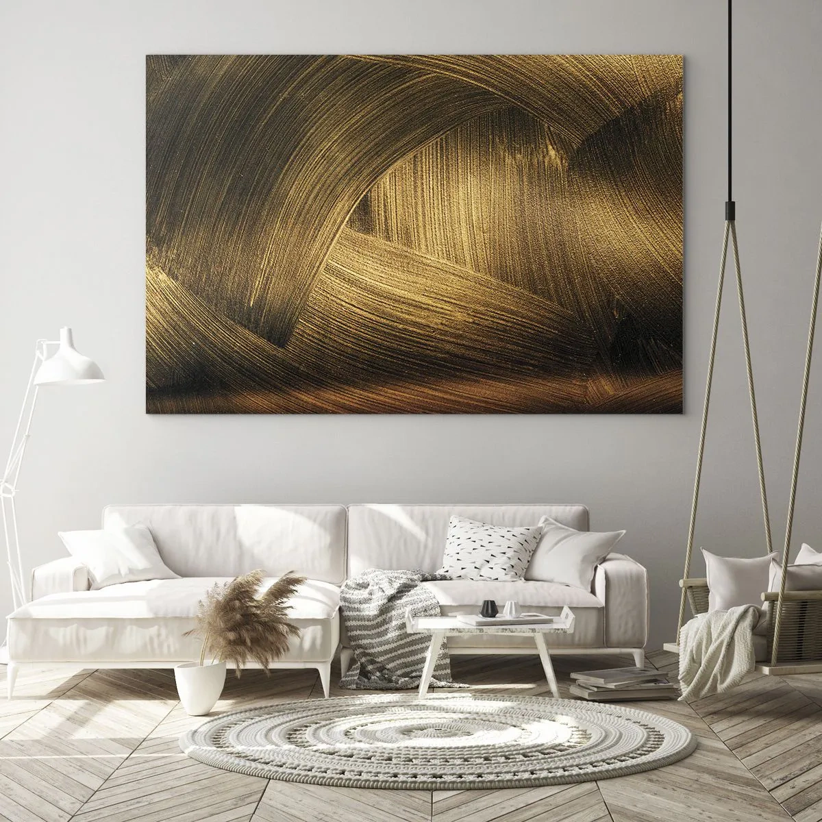 Glass picture - An abstract painting depicting golden, geometric lines on a background - 70x50cm - In a Golden Labirynth - Modern wall decoration for the living room and bedroom ARTTOR