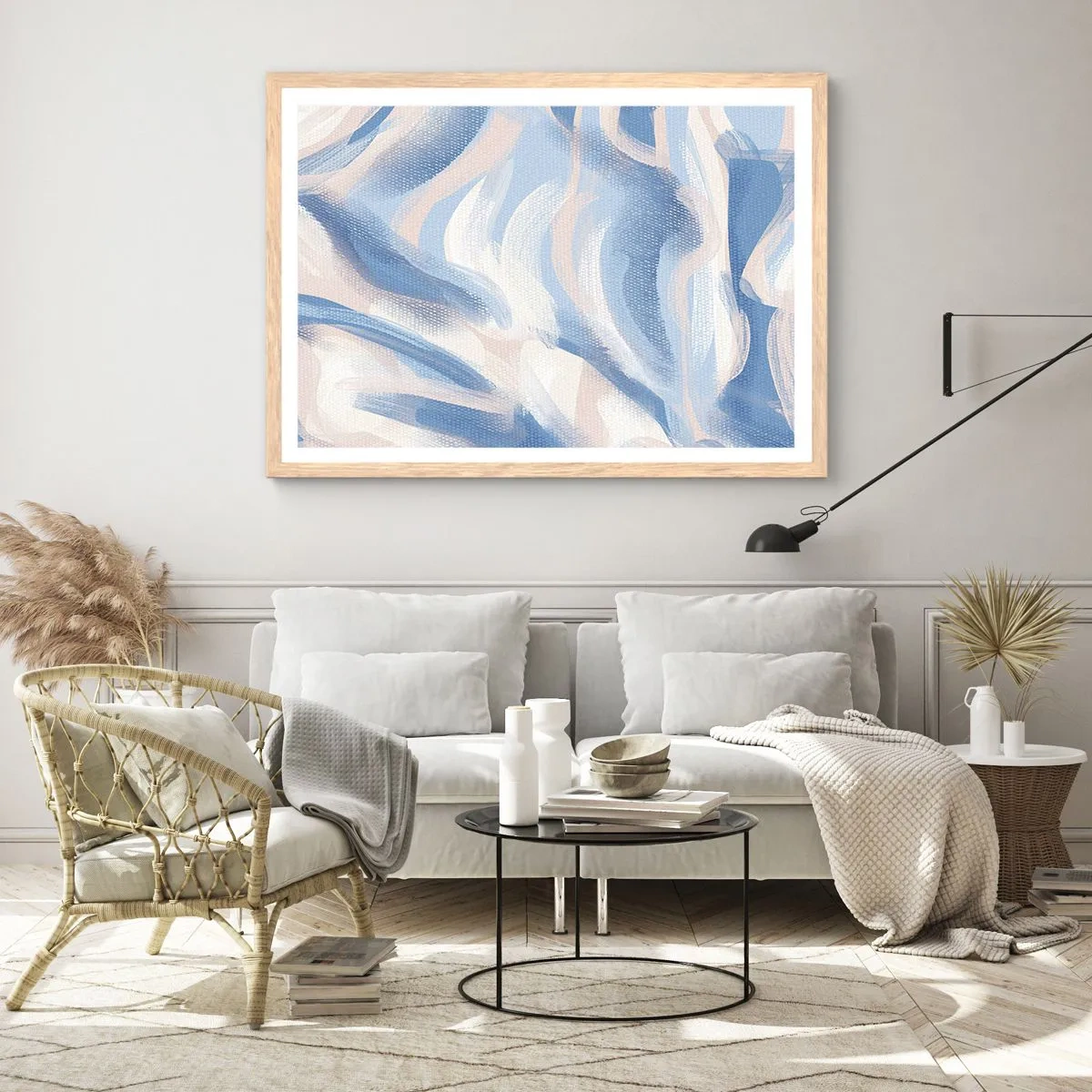 Poster in light oak frame - Blue Waves - 50x40 cm