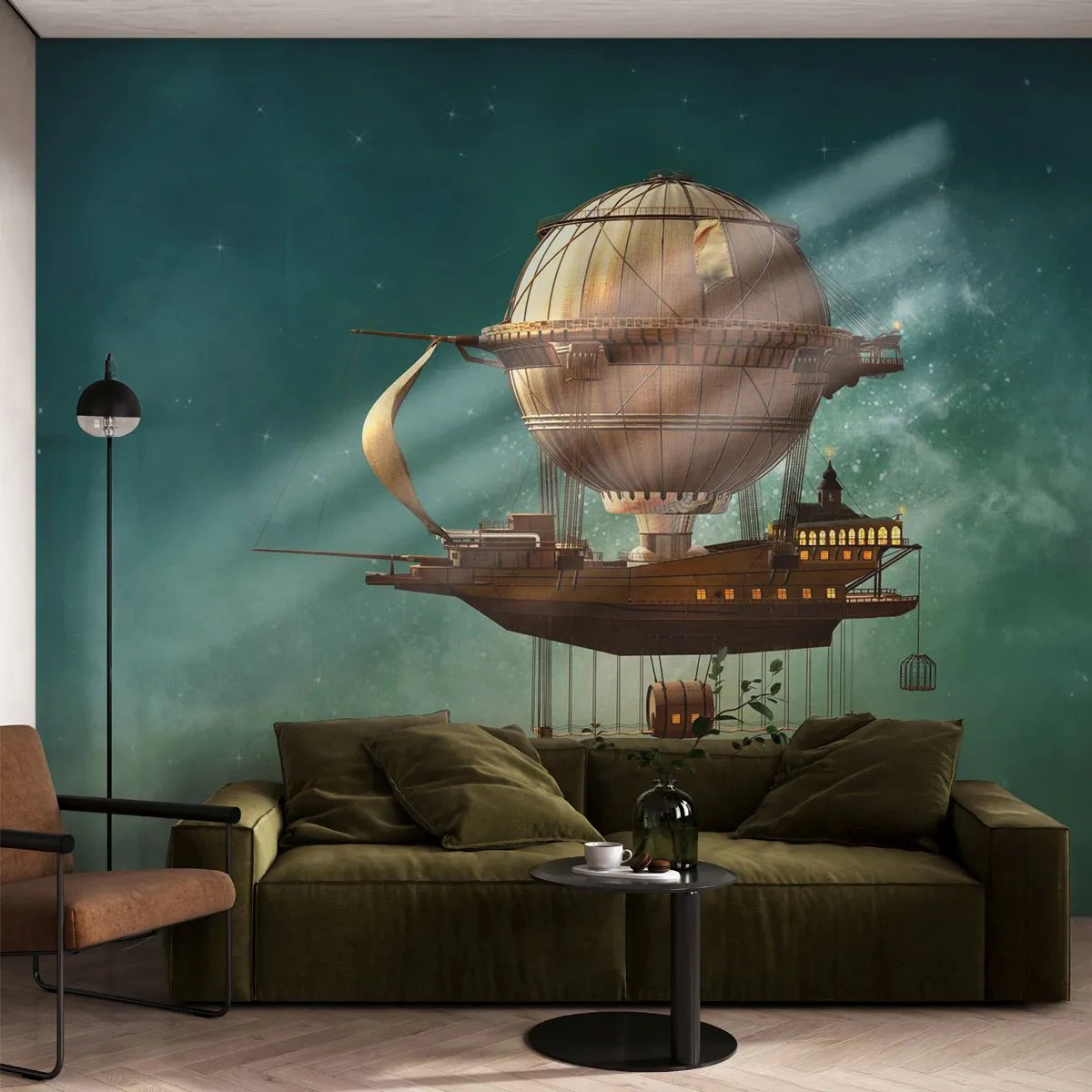 Photo Wallpaper Premium Sand - Greetings from Jules Verne - Retro, Trip, Balloon - 350x256 cm