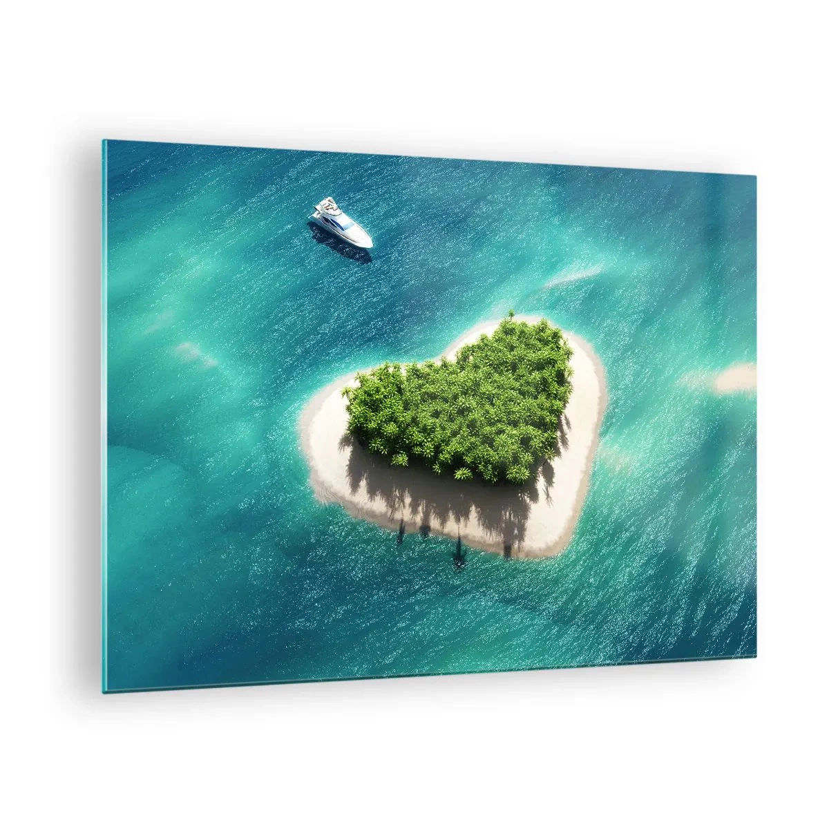 Glass picture - Illustration of a heart-shaped island with a boat against a turquoise sea - 70x50cm - I Love Summer - Modern wall decoration for the living room and bedroom ARTTOR