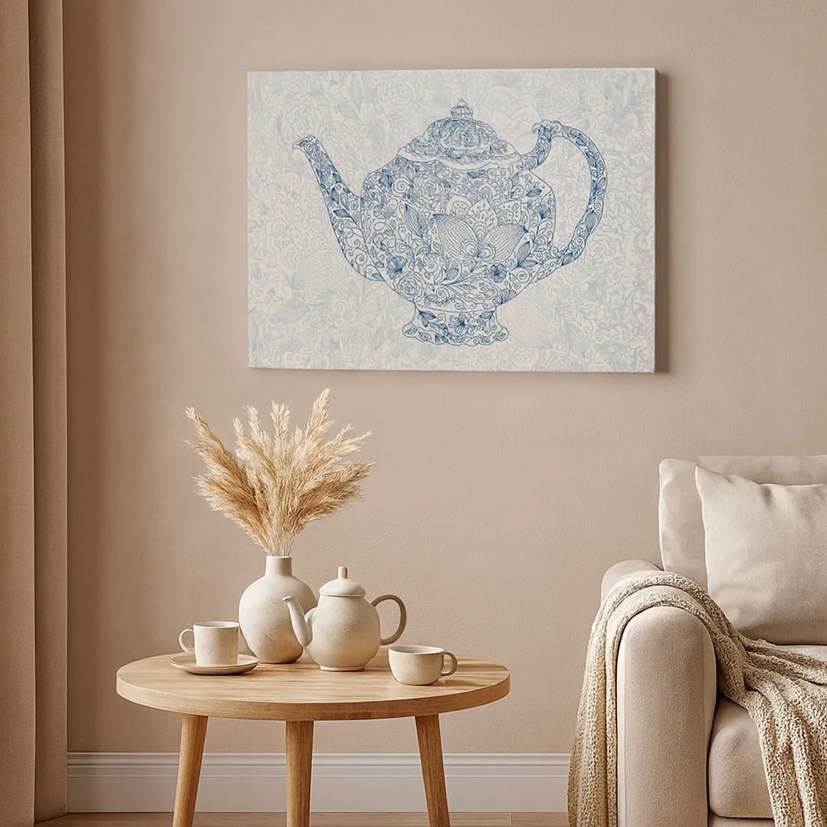 Canvas picture - Decorative drawing of a teapot with blue ornaments - 70x50cm - Charm of Tea - Modern wall decoration for the living room and bedroom ARTTOR