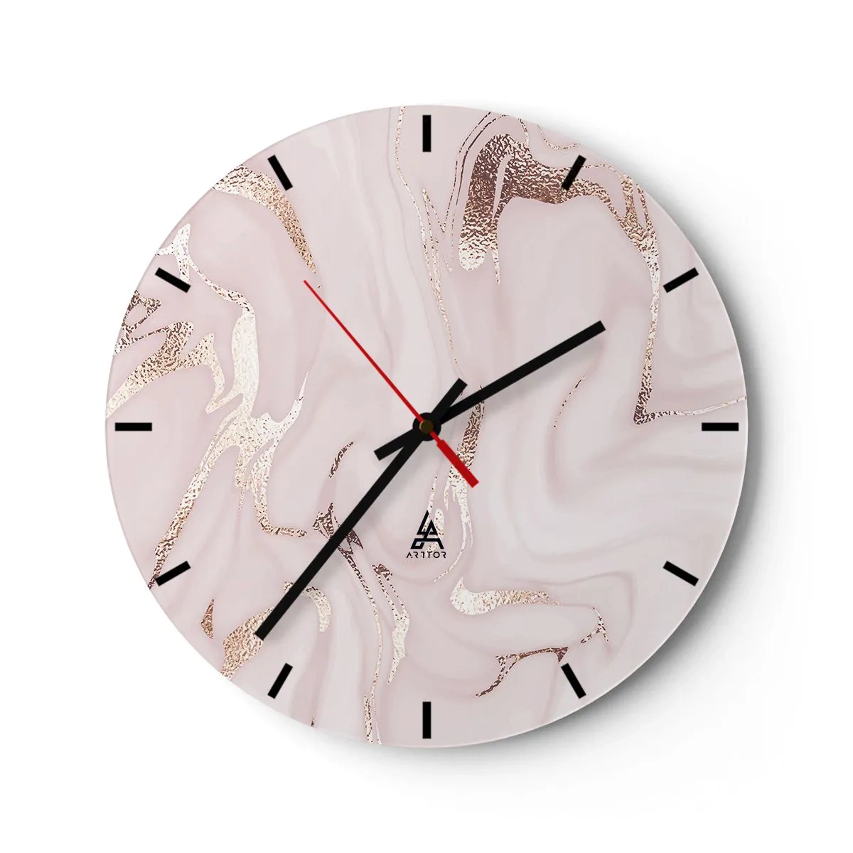 Wall clock - Clock on glass - Light pink marble background with sparkling gold veins - 30x30cm - In Pink - Modern wall decoration for the living room, kitchen, and bedroom ARTTOR