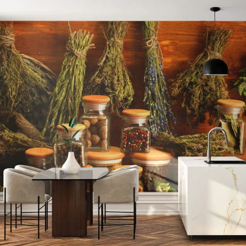 Photo Wallpaper Premium Sand - Kitchen Magic - Gastronomy, Dried Herbs, Spices - 250x175 cm