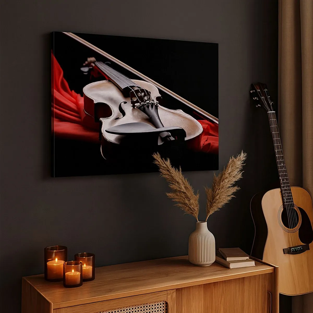 Canvas picture - Violin on red fabric with a black background - 70x50cm - Music of Feelings - Modern wall decoration for the living room and bedroom ARTTOR