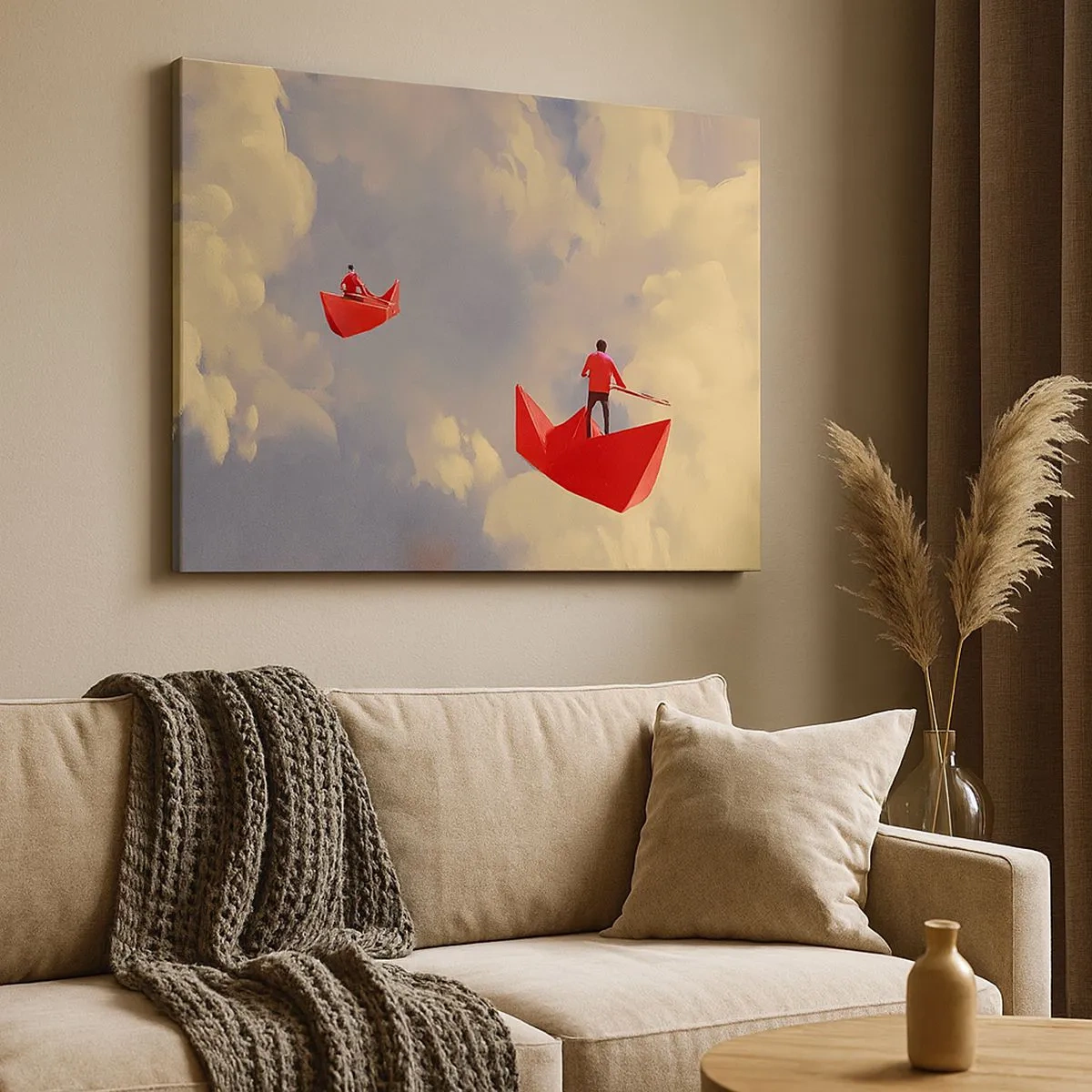 Canvas picture - Red paper boats floating in the clouds - 70x50cm - Dream Trip - Modern wall decoration for the living room and bedroom ARTTOR